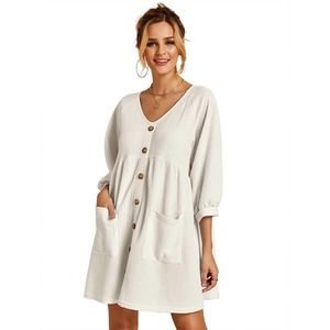 Umgee Waffle Knit Button Down Cream Babydoll Dress